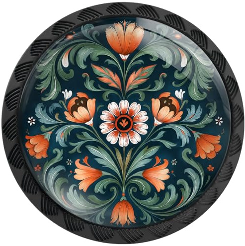 Artinhand 4er-Pack norwegische grüne Blume Schrankknäufe für Küchen | Rosemaling Volksstil Schubladengriffe runde schwarze Kommodenknöpfe Beschläge for Schrank Kleiderschrank Bad Dekoration