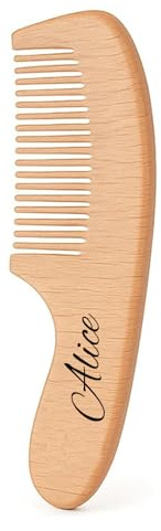 Personalized Wooden Baby Hairbrush Set with Soft Goat Bristles, Customizable Name and any text, Grooming Kit for Cradle Cap Care, Suitable for Wet and Dry Hair (Biased comb)