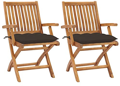 Mokuyary Trädgårdsstolar, set om 2 med brungrå kuddar, massivt trä, teak, balkongstol, terrassstolar, matstolar för terrass, trädgård, balkong – A