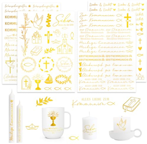 COMOOKA 4 Blatt 100+pcs Kerzentattoos Kommunion Goldfolie - Kommunion Deko Gold - Wasserschiebefolie Tattoo für Kerzen Tassen - Kommunionkerze Bastelset Zubehör - Aufkleber Mädchen Junge