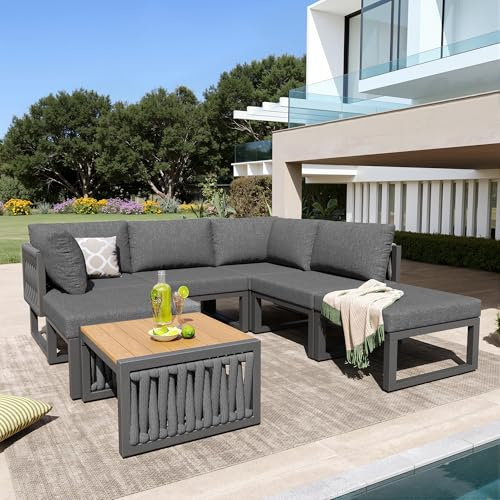Merax Gartenmöbel Set für 6 Personen,Gartensofa mit Doppelliege & Tisch in Holzoptik, wetterfeste Gartenlounge mit Sitzkissen, Loungemöbel für Terrasse Balkon Garten, Grau