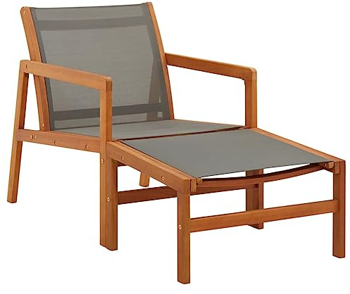 Todiikf Gartenstuhl mit Fußteil Grau 60x83,5x77,5 cm aus Eukalyptus Massivholz Textilene Modernes Design Robust und Langlebig für Balkon Terrasse Garten Camping