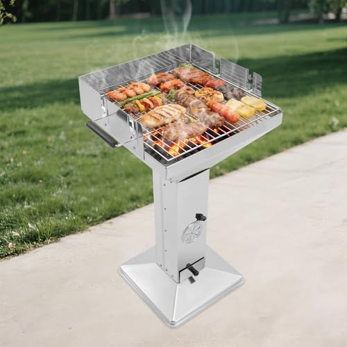 Barbacoa de carbón vegetal de acero inoxidable con columna de carbón, parrilla de altura ajustable con rejilla extraíble, cenicero y ventilación, barbacoa de carbón para jardín, terraza, camping