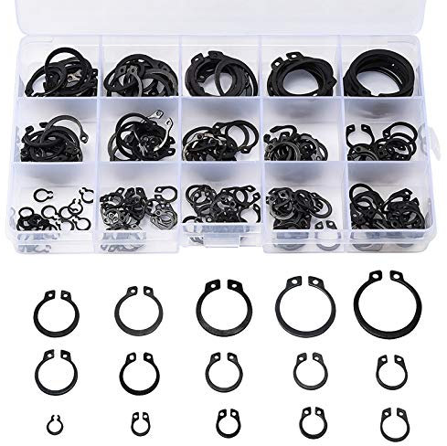 175 pcs E Clips Retaining Snap Opening Ring Circlip Kit with a Storage Box, Assorted 15 Sizes | Blackened Oxidized Coating Steel