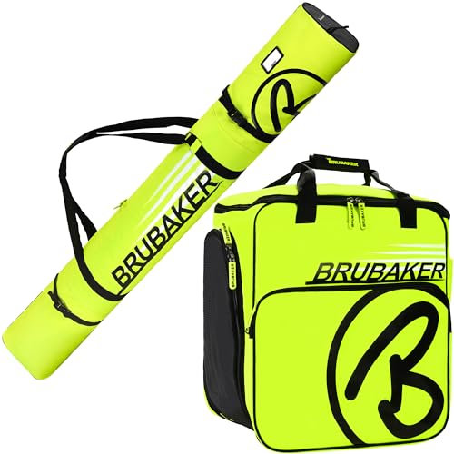 BRUBAKER Kombi Set Carver Champion - Skitasche und Skischuhtasche für 1 Paar Ski + Stöcke + Schuhe + Helm - Neon Gelb/Schwarz - 170 cm