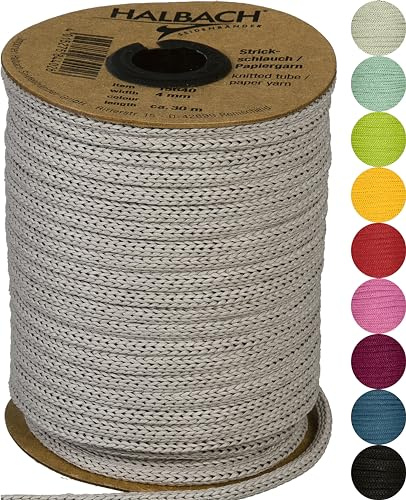 Halbach Papier-Strickschlauch, 4 mm x 30 m, grau | Befüllbares und reißfestes Schlauchgarn, für Knüpfarbeiten oder Biegen individueller Formen durch eingezogenen Draht