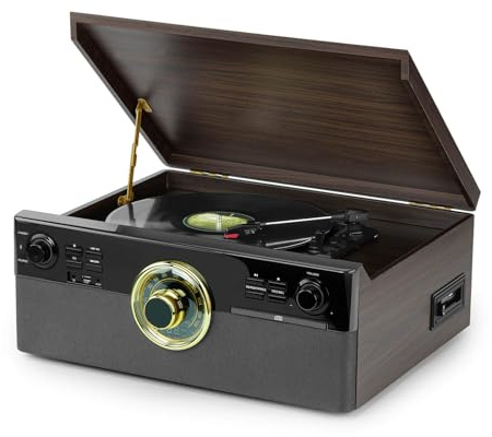 All-in-One Record Player with CD and Cassette, 3-Speed Bluetooth Turntable with Built-in Speakers, USB Recording