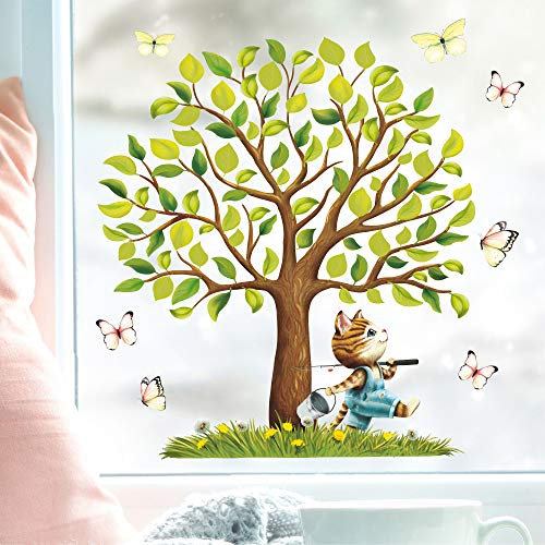 Wandtattoo Loft Fensterbilder Frühling Katze und Baum Motiv – A4 Bogen, Wiederverwendbar – Frühlingsdeko Fenster, Frühlingsbild Fenster, Fensterdeko Frühling, Fensterfolie Frühling Selbstklebend