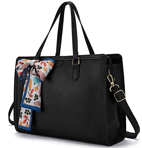 Missnine Handväska dam laptopväska 15,6 tum shopper stor handväska portfölj damer läder axelväska affärsväska 2-delat set, svart, Minimalistisk