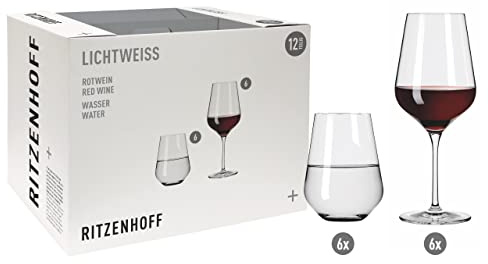 RITZENHOFF Rotwein- und Wasserglas 12er-Set - 400 ml - Made in Germany | Artikelnr. 6111011, Serie Lichtweiss, 12 Rotwein- und Wassergläser 400 ml, Kristallglas, spülmaschinenfest