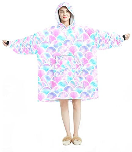 Tragbare Decke Hoodie, übergroße Kapuzendecke, Sweatshirt, Meerjungfrauen-Schuppe, Pink / Blau, Mehrfarbig, Einheitsgröße