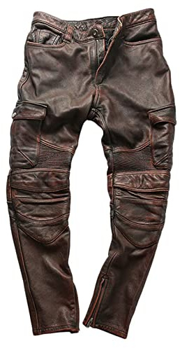 HNVAVQ Leder-Motorradhose für Herren, Motorradhose, Retro-Cargohose, mehrere Taschen, Bikerhose, braun, 58