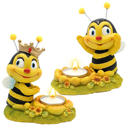 Dekohelden24 Dekofigur Bienenpaar mit Teelichthalter, 2er Set, Gartendeko, Polyresin, Größe: L/B/H ca. 7 x 11,5 x 12,5 cm