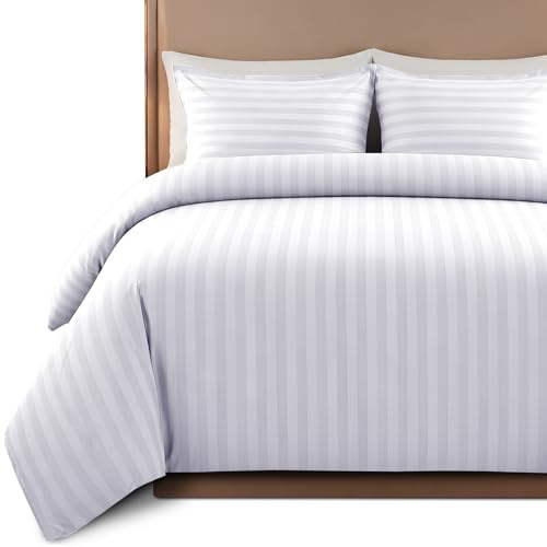 Hafaa Satin Stripe Double Duvet Set White - Premium Hotel Quality Quilt Cover Bedding Sets - Hypoallergenic Ultra Soft Brushed Microfiber Bed Linen