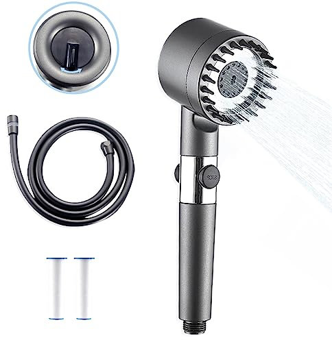 Anti Calcaire + Flexible 1.5M avec 2 Cotons PP Remplaçables et Boutons de Commutation, SPA Pomme de Douche Économie d'eau pour Salle de Bain, Gris