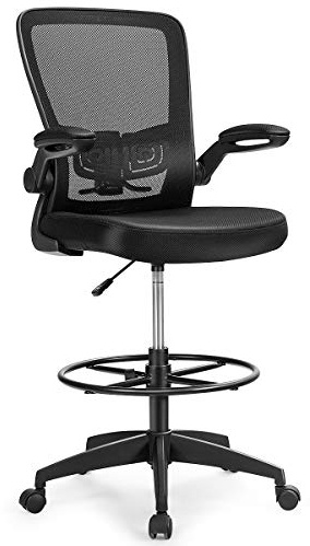 COSTWAY Mesh Drafting Chair, Height Adjustable Swivel Office Chair with Flip-up Armrests, Footrest & Lumbar Support, Ergonomic Rolling Executive Task Computer Desk Chair for Home Office (1, Black)