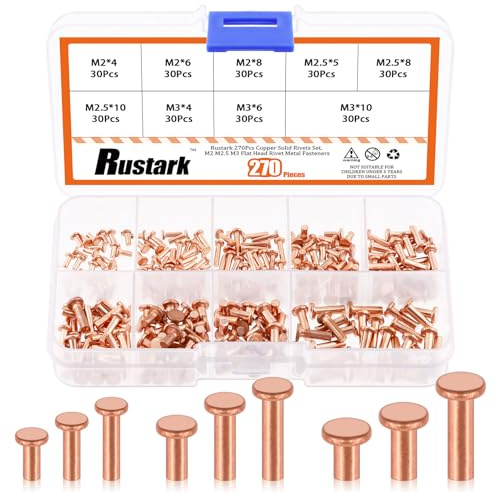 Rustark 270 remaches de cobre macizo M2 M2.5 M3 de cabeza plana, remaches de cobre, kit surtido de sujetadores de metal para aplicaciones eléctricas, manualidades, reparación de cuero