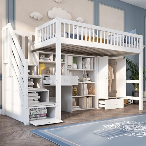 KecDuey Kinderbett 90 x 200cm, Hochbett,Einzelbett, multifunktionales Kinderbett,Mit Schreibtisch, Treppe, Schließfächern, Kleiderschrank,ohne Matratze, massivholz, weiß