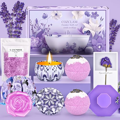 COZCLAM Lila Wellness Set für Frauen, Geschenke für Frauen mit Badesalz, Seifen, Kerze, Badebomben, Silikonbürste und -kappe, Geburtstagsgeschenk für Freundin Weihnachten, Valentinstag, Muttertag