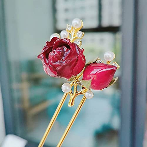 Bastoncini for capelli, Forcina for capelli Bastoncino a forma di U in stile giapponese Due veri fiori di rosa Decor Bastoncini for capelli Forcina for capelli in metallo Forcelle for capelli stile et