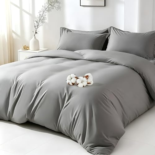 ComfortAce Bettbezug 155x220cm aus 100% Baumwolle (200 TC) – Grau, ohne Kissenbezug, mit Reißverschluss & Eckbändern, Oeko-Tex Zertifiziert, allergikerfreundlich, pflegeleicht