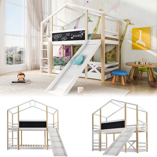 Qiang Cama Infantil Casita En El árbol con Tobogán,Escalera Y Bloc De Escritura 90 X 200 Cm, Cama Alta para Niños - 2 Somieres De Láminas Anticaídas,Natural Y Blanco,para Niñas Y Niños