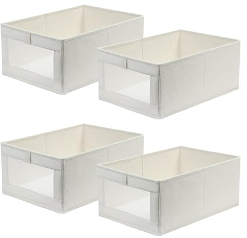 Foldable Wardrobe Storage Boxes, 4 Pack Fabric Clothes Storage Organiser with Handle and Visible Window for Closet Shelves 40x27x17cm Large Collapsible Baskets for Shirts Pants Toys Blanket(Beige)