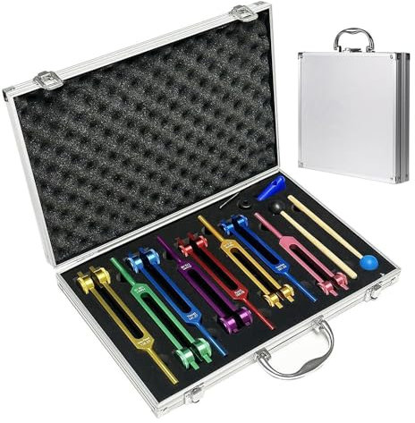 NEWFUN Stimmgabel,Stimmgabel Neurologie,8er Set mit Sockel + 1 Silikonhämmer und Reinigungstücher für Klangtherapie Gewichtete Stimmgabel Geeignet für Meditation, Anti-Kompression