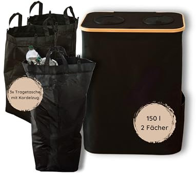 bandoru Pfandflaschen Sammelbehälter 2 Fächer, 150 l Aufbewahrung mit Deckel für Küche (inkl. 3 große Tragetaschen), Organizer für Leergut, Pfanddosen, Altglas und Altpapier
