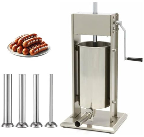 Générique Poussoir à Saucisses Manuel Vertical 15L - Acier Inoxydable - 4 Tubes Inclus - 2 Vitesses - Idéal pour Boucheries et Traiteurs