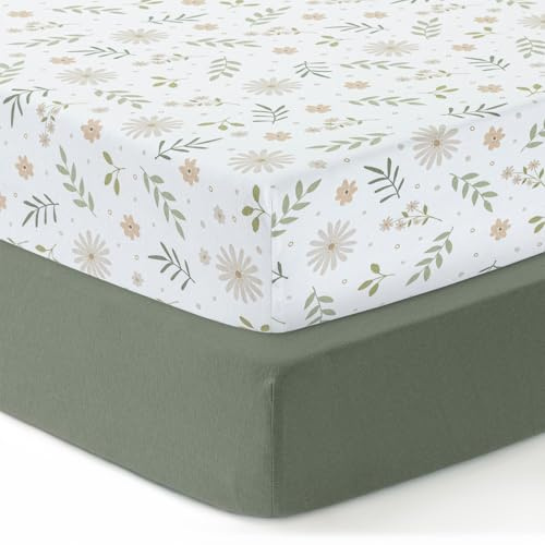 Dreamology Draps de lit en coton 100 % jersey de coton, doux et respirant, pour filles, garçons, bébés, berceaux, draps de berceau 120 x 60 cm | Vert, fleurs