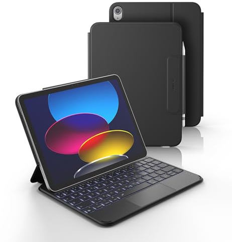 Dexnor Hülle mit Tastatur für iPad A16 11 Generation/10 Generation(11/10.9 Zoll, 2025/2022), Magnetische Ultradünn Abnehmbares Folio, mit Multi-Touch Trackpad Beleuchtung Stifthalter, QWERTZ, Schwarz