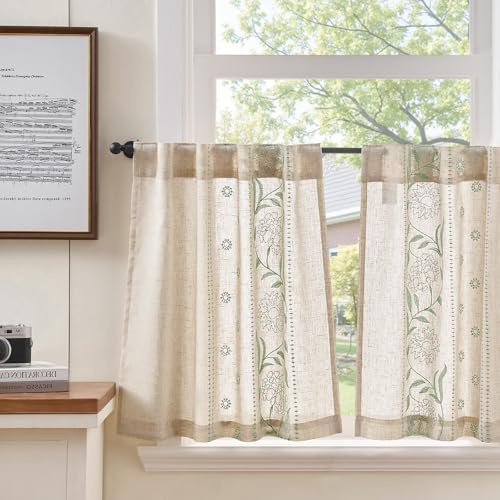 TOPICK Vitrage, kök, grön på rå, bistrogardiner med dolda öglor, korta, med broderat linne, gardiner för vardagsrum, sovrum, ljusgenomsläppliga, lantlig stil, set om 2, 65 x 60 cm