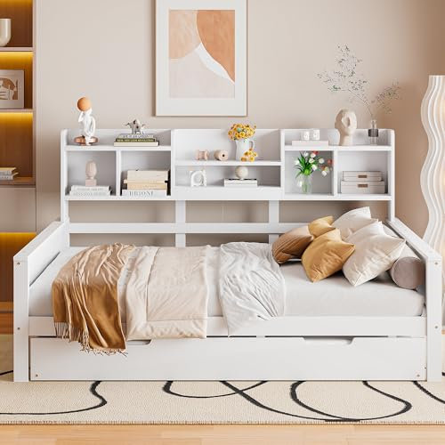 ANIROY Schlafsofa 140x20cm, Daybett Tagesbett Sofabett mit Ausziehbett 90x190cm, Doppelbett mit Staufach und Lattenrost, Kiefer Multifunktionsbett, Ohne Matratze, Weiß