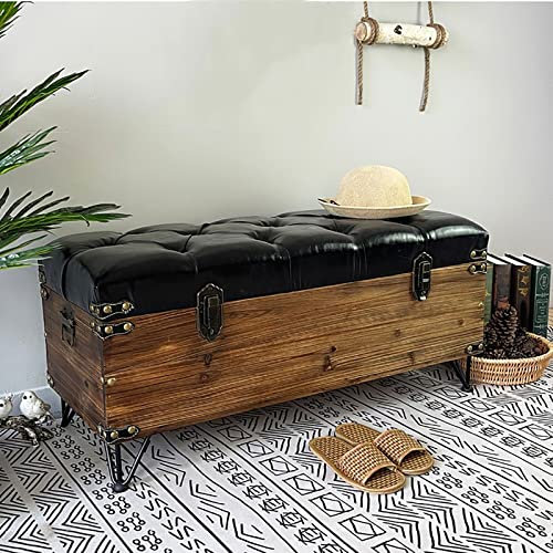 Cassapanca ottomana imbottita in pelle vintage, 99 cm, nera, rettangolare, per scarpe, elegante baule in legno per ingresso, soggiorno e camera da letto