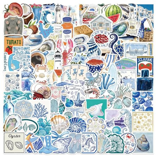 100PCS Blue Coast Aesthetic Graffiti Sticker for Laptop Water Bottle Bumper Skateboard Snowboard Computer Car Bicycle Luggage Motorcycle Helmet Journal,Waterproof Cute Decals for Adult Teens Girls