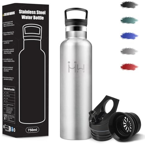 Borraccia Termica, 750 ml Senza BPA, Borracce Termiche, 18/8 Acciaio Inossidabile, Borraccia Acciaio Inox, Bottiglia Acqua Con Cannuccia e 2 Coperchi, Borracce per Ufficio - Acciaio inossidabile