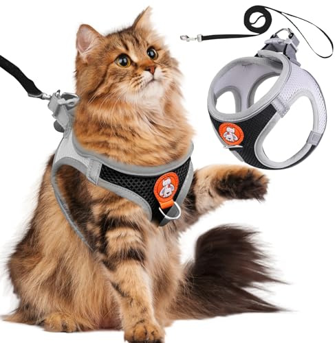 SilverChry Katzengeschirr mit Leine Ausbruchsicher, Katzenleine mit Geschirr für Katzen, Katzengeschirr Einfach Anzulegen mit Reflektierenden Streifen für Katzen und Kleine Hunde(S-Schwarz)