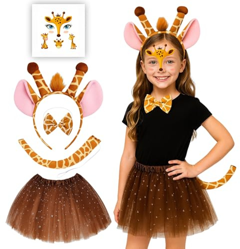 ZcrPrn Giraffe Costume for Kids,World Book Day Costumes for Girls,5Pcs Carnival Costume with Ears Headband Bow Tie Tail Dress and Stickers,for Animal Theme Party for 14+ Years Old