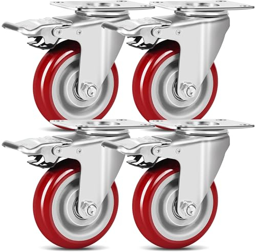Lot de 4 Roulettes Pivotantes pour Meubles, Roulette Charge Lourde Avec Frein - 75 mm - 500 kg - Caoutchouc plein silencieux - Pour intérieur/extérieur