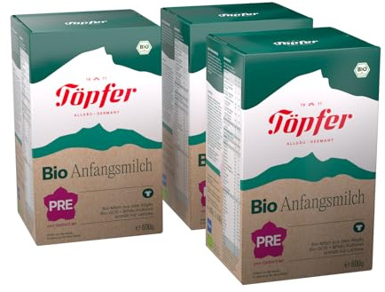 Töpfer Bio Anfangsmilch PRE – Säuglingsanfangsnahrung ab Geburt – mit GOS & 4 Bifido-Kulturen (Probifido®) – ARA & DHA aus Algenöl – aus Allgäuer Bio-Milch – 3x600g