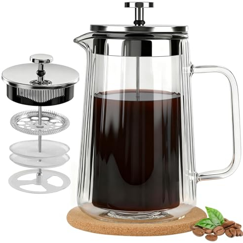 CHDEXU Glass French Press Coffee Maker 34oz, Double Wall Heat-Resistant Borosilicate Glass Coffee Press with Stainless Steel 4-Level Filtration, Also Fit for Tea