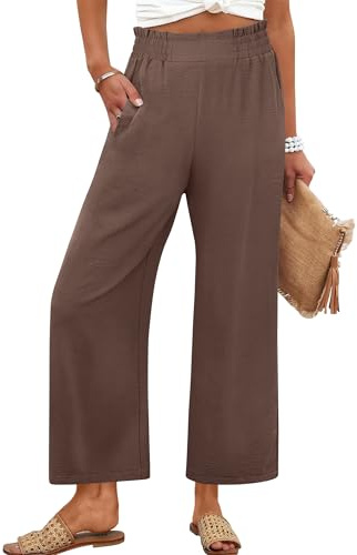 ANRABESS Womens Wide Leg Palazzo Pants Summer Beach High Waisted Cropped Flowy Pants 2026 Dressy Casual Trousers with Pockets Brown Large
