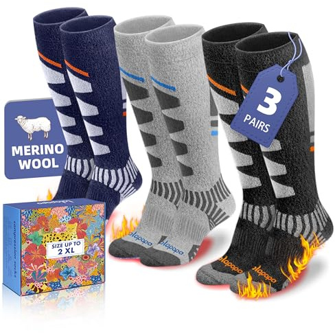 Lalapapa 3 Pairs Merino Wool Ski Socks for Women Men - Warm Thermal Padded Cushioned Knee High Socks for Winter Skiing Snowboarding, Black & Grey & Navy Blue, S/M
