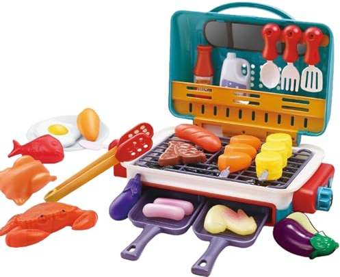 Kids BBQ Grill Playset, Kids Pretend Kitchen Role Play Set, Kitchen Toy Kit with Spray Sound & Color-Changing Food 29 PCS Play Kitchen Accessories, BBQ Toys Gifts for Toddlers Boys Girls (Green)