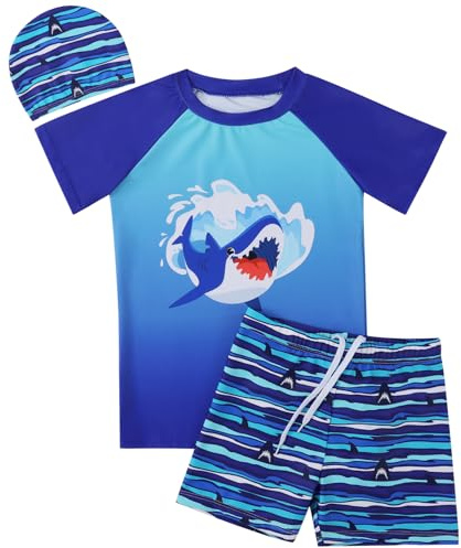 Valcatch Boys Swimming Costume 3 Piece Short Sleeve Swim Set, Ages 6-15Y | Sun Protection Rash Vest Swim Shirt, Trunks & Cap. Quick Dry Summer Swimsuit & Bathing Suit for Beach, Surf & Water Sports