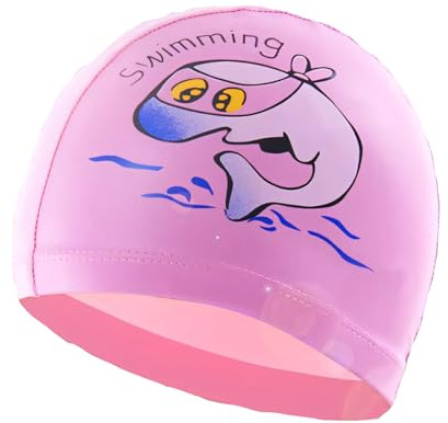 Badekappe Kinder für Lange Haare, wasserdichte Schwimmhaube mit UV-Schutz, Elastisch & Weich, Komfortable Schwimmkappe mit Cartoon-Design für Jungen und Mädchen zum Schwimmen & Training, Rosa