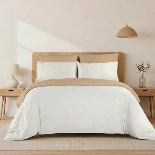 H HANSEL HOME Funda Nórdica Bicolor Cama 150 – 4 Piezas – 100% Microfibra Suave y Transpirable – Funda Edredón 220x240 cm, Bajera 150x200+30 cm, 2 Fundas de Almohada 50x75 cm - Blanco Crema - Arena