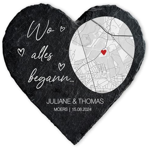 GRAVURZEILE Bedrucktes Schieferherz - Wo alles begann - Personalisiert mit Name, Foto & Datum - Individuell bedruckt - 20 x 20 cm - Geschenk für Paare zum Valentinstag, Jahrestag oder Hochzeit