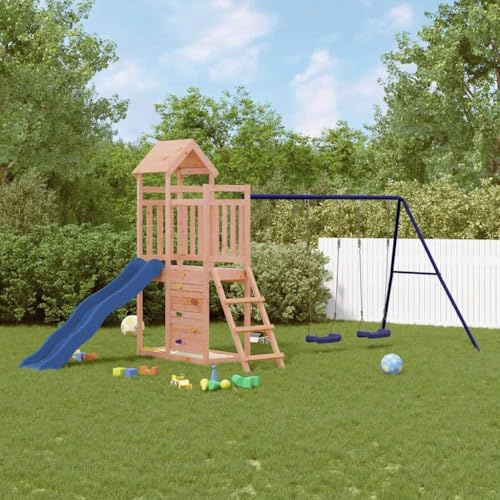 Runheo Torre de juego de madera de Douglas maciza con tobogán ondulado y pedestal de 90 cm, pared de escalada, columpio doble, escalera y caja de arena para jardín y parque infantil